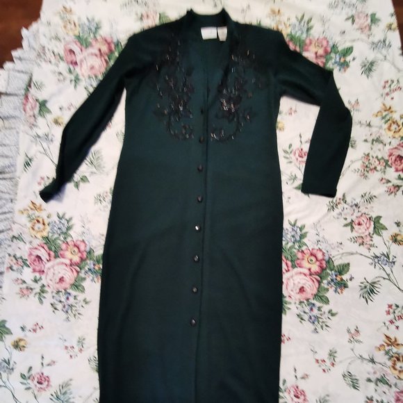 Vtg Liz Claiborne Dark Green wool blend knit dress Button Beaded Embellished M - Picture 5 of 9